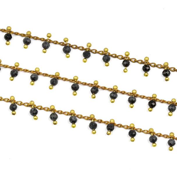 Cherry Tree Beads Raw Brass Dangle Chain with Black Obsidian 2mm Faceted Round Beads - 5 meter spool 