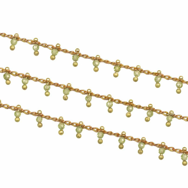 Cherry Tree Beads Raw Brass Dangle Chain with Peridot 2mm Faceted Round Beads - 5 meter spool 