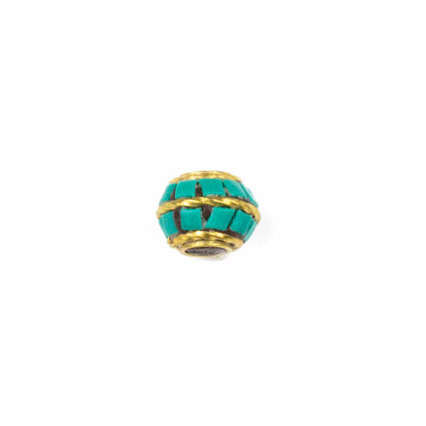 Tibetan Brass 10mm Round Bead with Turquoise Howlite Square Inlay - 1 per bag