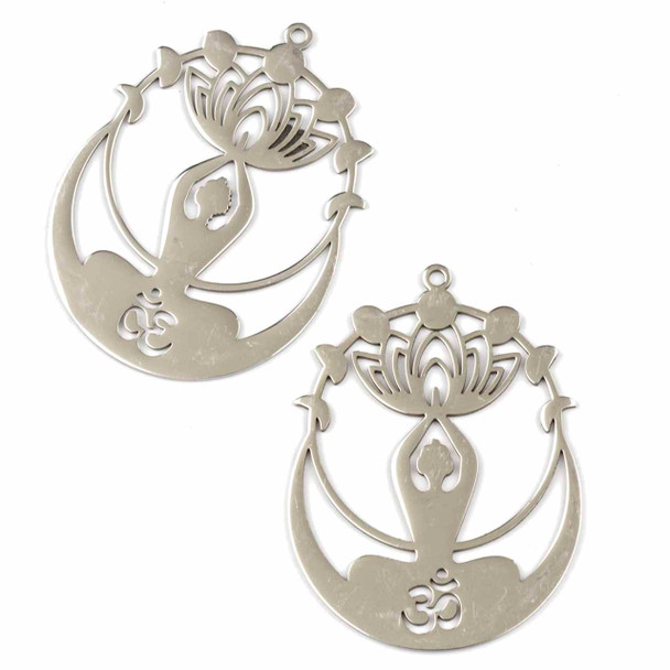 Natural Silver Stainless Steel 32x43mm Yoga Components with Ohm, Lotus, & Moon Phase- 2 per bag