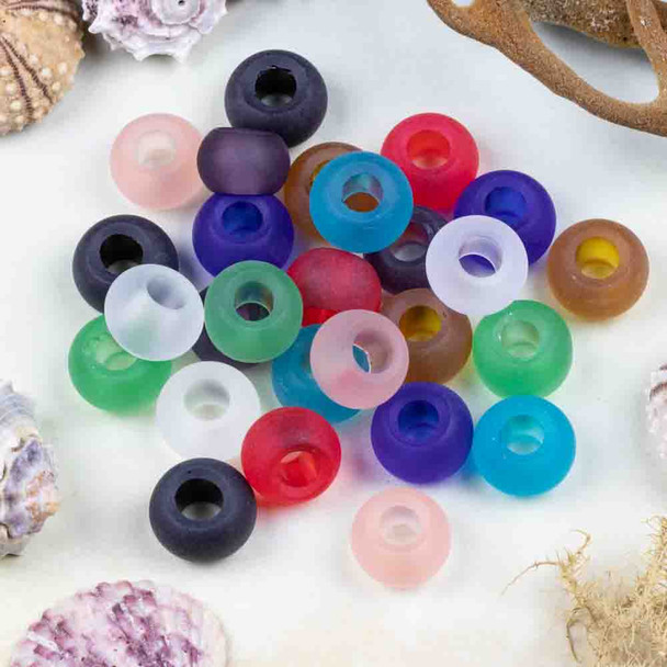 A mix of frosted matte glass rondelle beads in a sea glass style, each measuring 10x14mm with an approximately 6mm center hole, arranged on a neutral background.