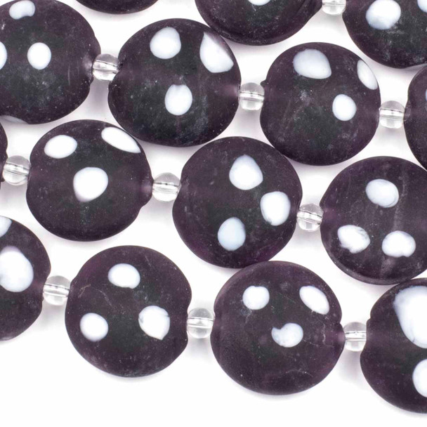 Handmade Lampwork Glass 20mm Matte Dark Purple Coin Beads with White Dots