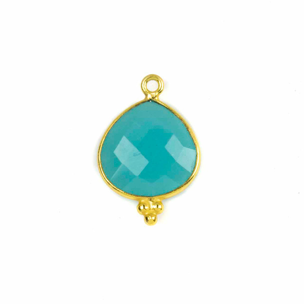 Aqua Chalcedony 15x22mm Faceted Almond/Teardrop Drop with Gold Vermeil Bezel and 3 Tiny Dots - 1 piece