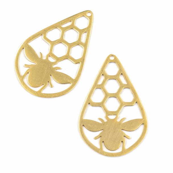 18k Gold Plated Stainless Steel 24.5x37mm Honey Bee in Honeycomb Teardrop Components - 2 per bag