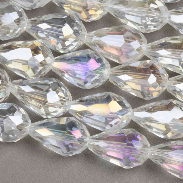 Crystal 10x15mm Clear Faceted Rounded Teardrop Beads with an AB finish - 8 inch strand
