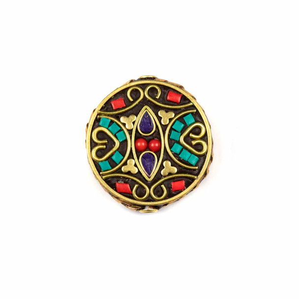 Tibetan Brass 28mm Coin Focal Bead with Turquoise Howlite, Lapis, and Red Coral Inlay and Marquis Center - 1 per bag