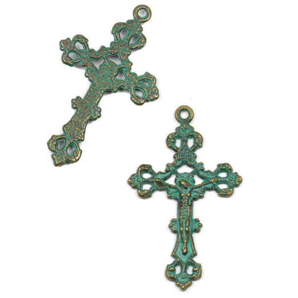 Green Bronze Colored Pewter 26x43mm Rosary Cross Charm - 10 per bag