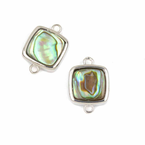 Abalone Paua Shell 11x16mm Tiny Square Link with Silver Plated Bezel and Loops - 1 piece