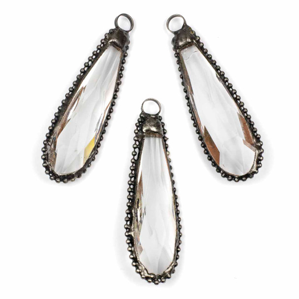 Clear Quartz 27x85mm Faceted Long Teardrop Pendant with Gun Metal Bumpy Bezel and Loop - 1 per bag