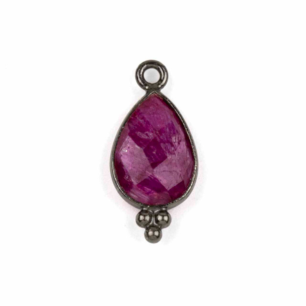 Ruby approximately 9x20mm Faceted Teardrop with Gun Metal Plated Sterling Silver Bezel and 3 Tiny Dots - 1 piece