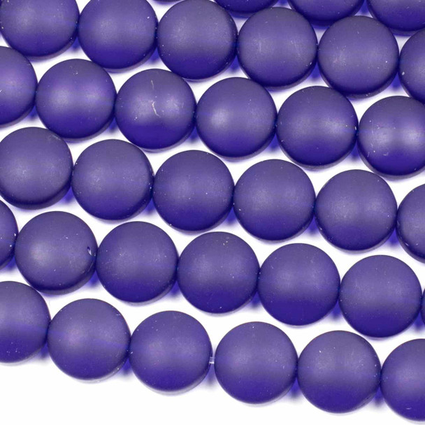 Matte Glass, Sea Glass Style 12mm Dark Royal Blue Coin Beads - 8 inch strand
