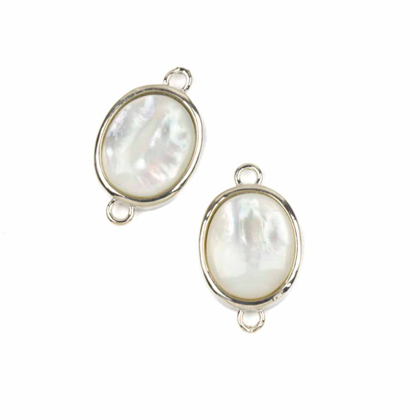 White Shell 11x18mm Tiny Oval Link with Silver Plated Bezel and Loops - 1 piece