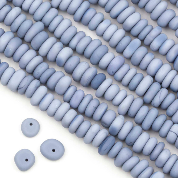 Matte Glass, Sea Glass Style Small 7-11mm and 4-5mm Thick Grey Pebble Beads - 8 inch strand