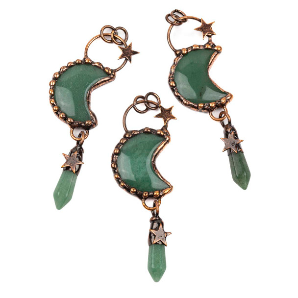 Green Aventurine Moon approx. 30x85mm Antique Copper Plated Brass Pendant with Rough Nugget Dangle, Stars, 22mm Hoop, and 8mm Open Jump Rings - 1 per bag