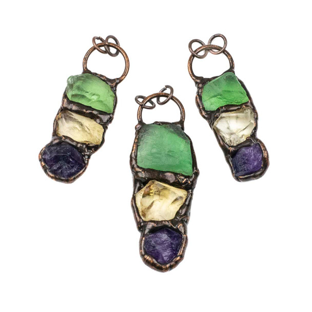 Rainbow Fluorite, Citrine, & Amethyst approx. 35x55mm Copper Link with 3 Rough Pointed Crystals - 1 per bag