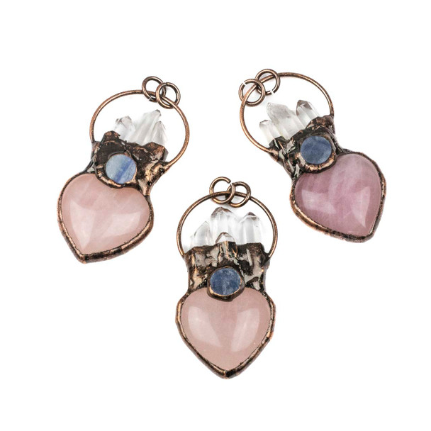 Rose Quartz Heart approx. 34x70mm Antique Copper Plated Brass 32mm Hoop Pendant with Quartz Points, and Kyanite Cabochon - 1 per bag