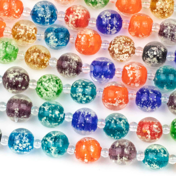 Handmade Lampwork Glass 12mm Mixed Round Beads with Glow-in-the-Dark Sprinkles - 8 inch strand