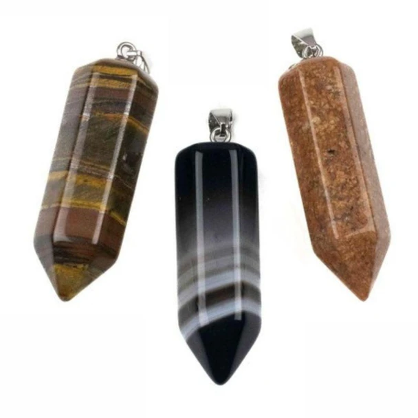 Cherry Tree Beads Gemstone 15x48mm Hexagonal Point Pendant with Silver Plated Loop and Bail - 1 per bag 
