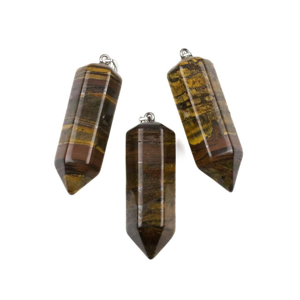 Cherry Tree Beads Yellow Tigereye 15x48mm Hexagonal Point Pendant with Silver Plated Loop and Bail - 1 per bag 