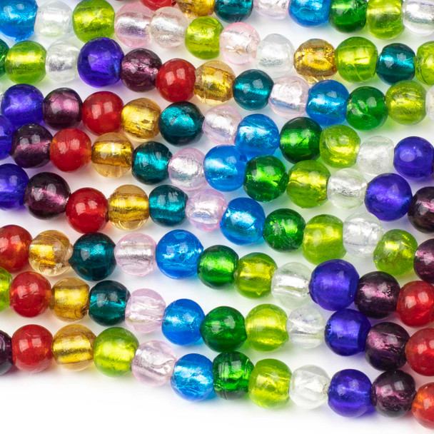Handmade Lampwork Glass 8mm Multicolored Round Beads with a Silver Foil Center - 8 inch strand