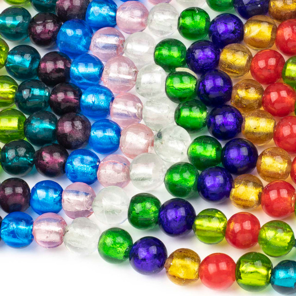 Handmade Lampwork Glass 10mm Multicolored Round Beads with a Silver Foil Center - 8 inch strand