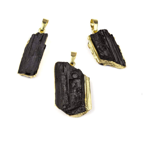 Cherry Tree Beads Black Tourmaline approx. 20x30mm Rough Free Form Pendant with Gold Plated Edging and Bail - 1 per bag 