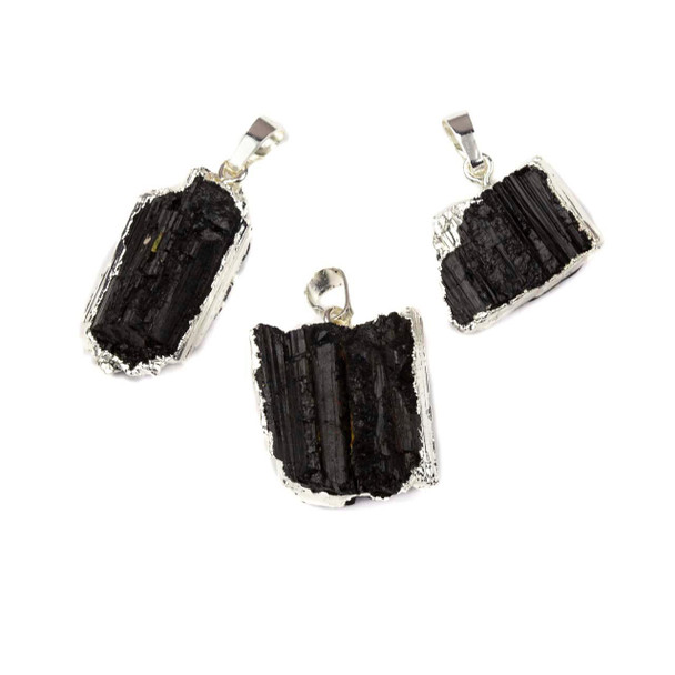 Cherry Tree Beads Black Tourmaline approx. 20x30mm Rough Free Form Pendant with Silver Plated Edging and Bail - 1 per bag 