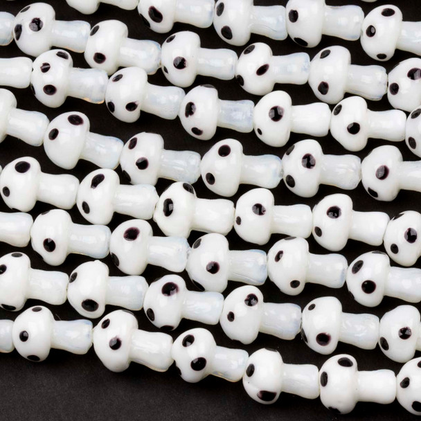 Handmade Lampwork Glass 10x13mm White Mushroom Beads with Black Dots - 8 inch strand