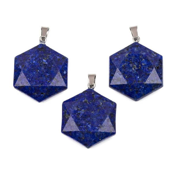 Cherry Tree Beads Lapis 28x31mm Faceted Hexagon Pendant with Stainless Steel Loop & Bail - 1 per bag 