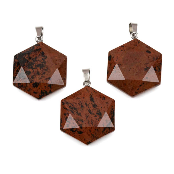 Mahogany Obsidian 28x31mm Hexagon Pendant with Stainless Steel Loop & Bail - 1 per bag