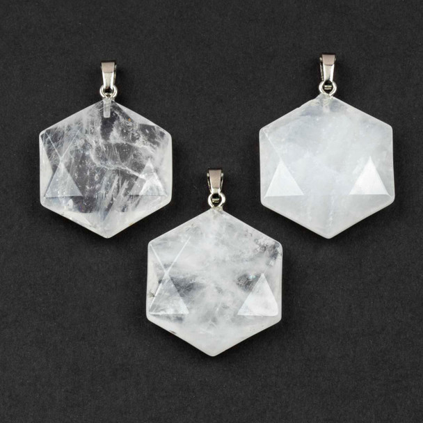 Cherry Tree Beads Clear Quartz 28x31mm Faceted Hexagon Pendant with Stainless Steel Loop & Bail - 1 per bag 