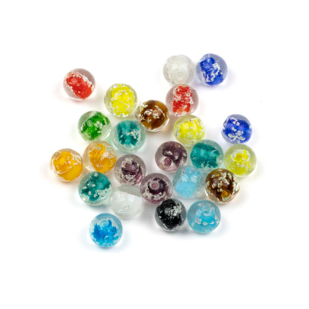 Handmade Lampwork Glass 10mm Mixed Round Beads with Glow-in-the-Dark Sprinkles - 24 per bag