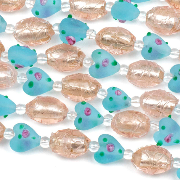 Handmade Lampwork Glass 12mm Matte Light Blue Heart Beads with a Pink Rose alternating with 12x15mm Pink Egg Beads with Swirls - 8 inch strand