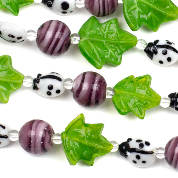 Handmade Lampwork Glass Nature Collection - Purple, White, and Green Mix with White Ladybugs, Leaves, & Swirled Rounds