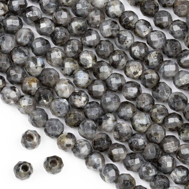 Faceted Large Hole Black Labradorite/Larvikite 7mm Round Beads with 2.5mm Drilled Hole - approx. 8 inch strand