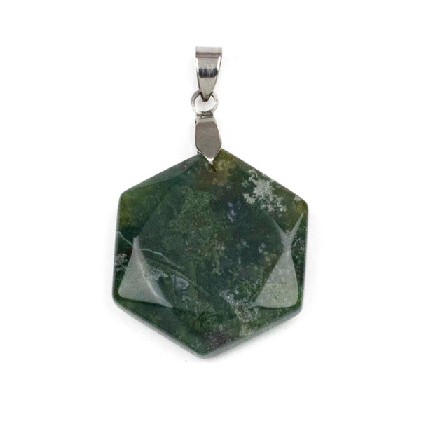 Moss Agate 28x31mm Hexagon Pendant with Stainless Steel Loop & Bail - 1 per bag
