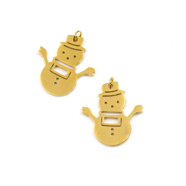 18k Gold Plated 304 Stainless Steel 19x20mm Snowman Charm Component with 4mm Jump Ring - 2 per bag