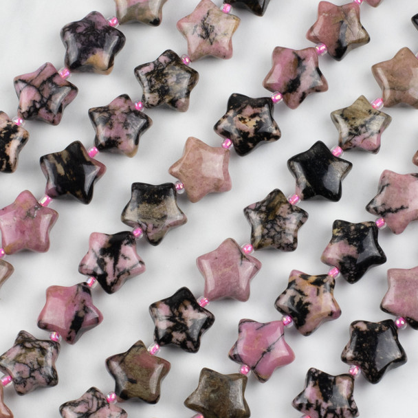 Rhodonite 15mm Puffed Star Beads - 8 inch strand