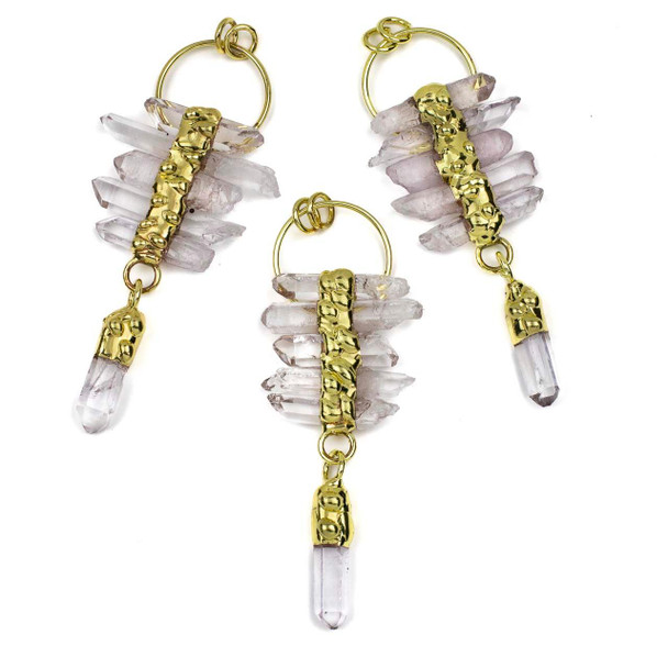 Cherry Tree Beads Electroformed Gold approx. 40x100mm Pendant with 5 Quartz Points and Dangle, Hoop, and 8mm Open Jump Rings - 1 per bag 