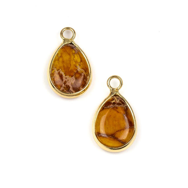 Cherry Tree Beads Yellow Impression Jasper 12x19.5mm Teardrop Drops with Gold Plated Brass Bezel - 2 per bag 