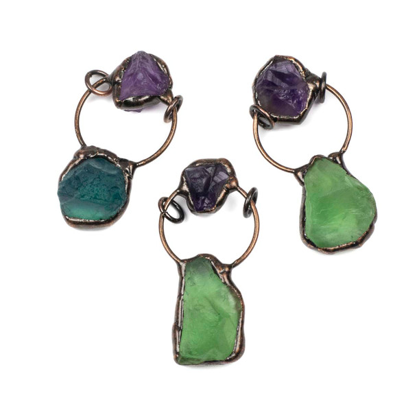 Electroformed Copper approx. 28x60mm Pendant with Fluorite Rough Nugget, Small Amethyst Rough Nugget, Hoop, and 8mm Open Jump Rings - 1 per bag