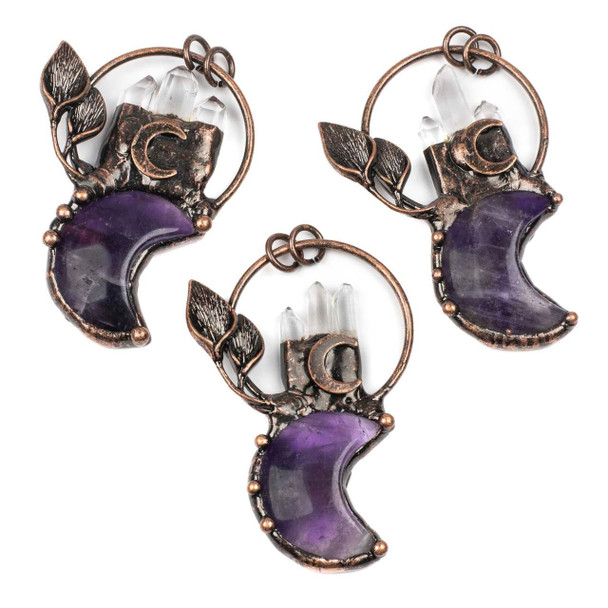 Electroformed copper 48x68mm natural gemstone pendant featuring an amethyst crescent moon, quartz crystal points, intricate leaf details, a hoop, and 8mm open jump rings, available as one piece per bag.