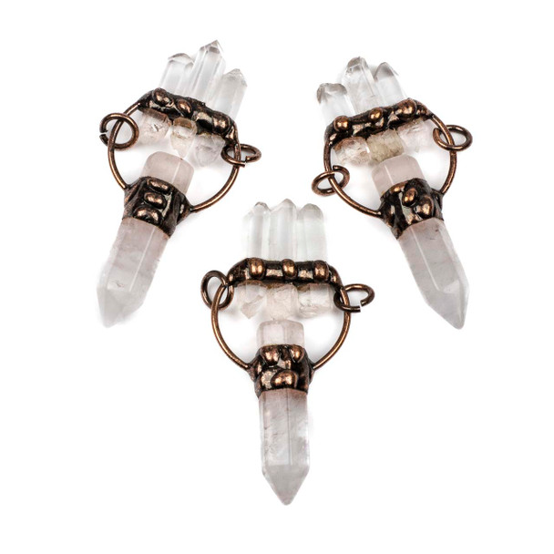 Electroformed Copper approx. 30x56mm Pendant with Large Quartz Point, 3 Small Quartz Points, Hoop, and 8mm Open Jump Rings - 1 per bag