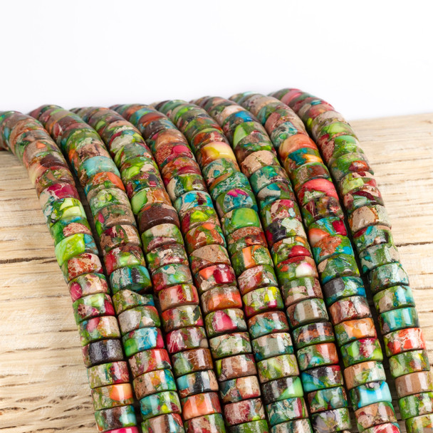 Cherry Tree Beads Dyed Fiesta Rainbow Impression Jasper 3x6mm Heishi Beads - color #06 on a 15-inch strand featuring colorful dyed gemstone heishi beads for jewelry making.