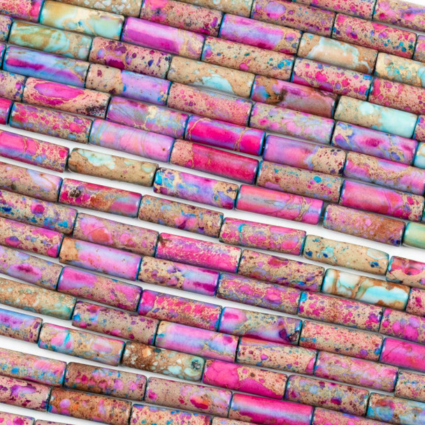 Cherry Tree Beads Dyed Pink Rainbow Impression Jasper 4x13mm Tube Beads - color #29, 15 inch strand 