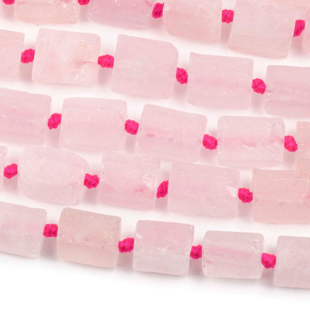 Matte Rose Quartz approx. 11x14mm Faceted Tube Beads - 17 inch knotted strand