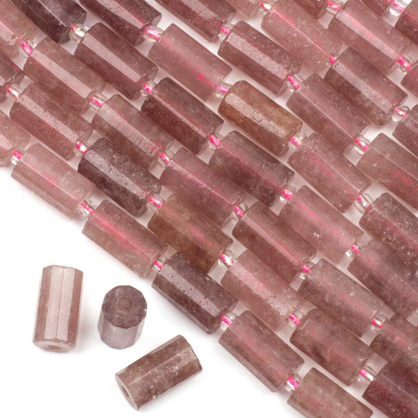 Large Hole Strawberry Quartz approx. 10x16mm Faceted Tube Beads with 2.5mm Drilled Hole - 8 inch strand