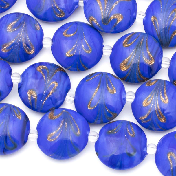 Handmade Lampwork Glass 20mm Blue Coin Beads with Gold Glitter Ribbons