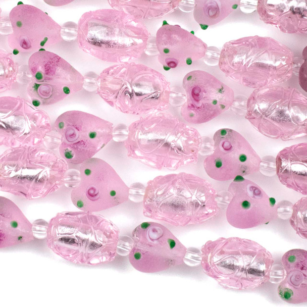 Handmade Lampwork Glass 12mm Matte Pink Heart Beads with a Pink Rose alternating with 12x15mm Pink Egg Beads with Swirls - 8 inch strand