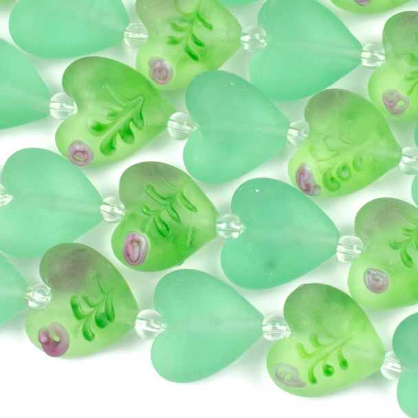 Handmade Lampwork Glass 18mm Matte Light Green Heart Beads with a Pink Flower alternating with 18mm Matte Mint Green Heart Beads